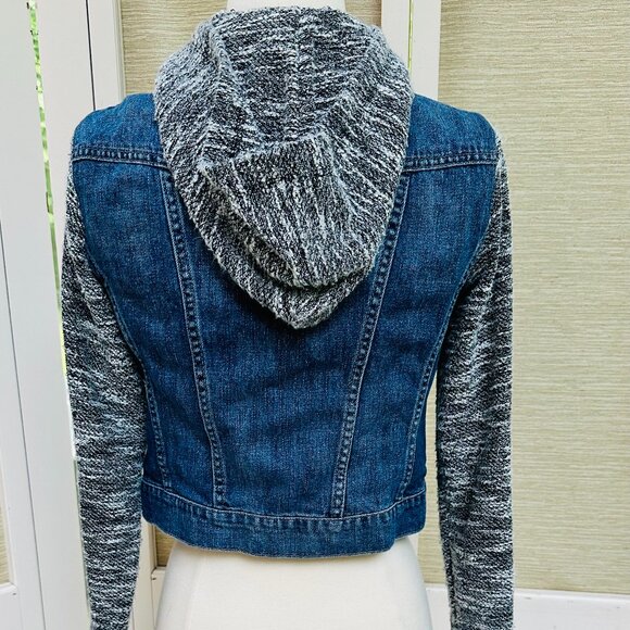 Y2K Jessica Simpson Jean Jacket Denim and Knit Black White Removable Hood Size S - Picture 4 of 5